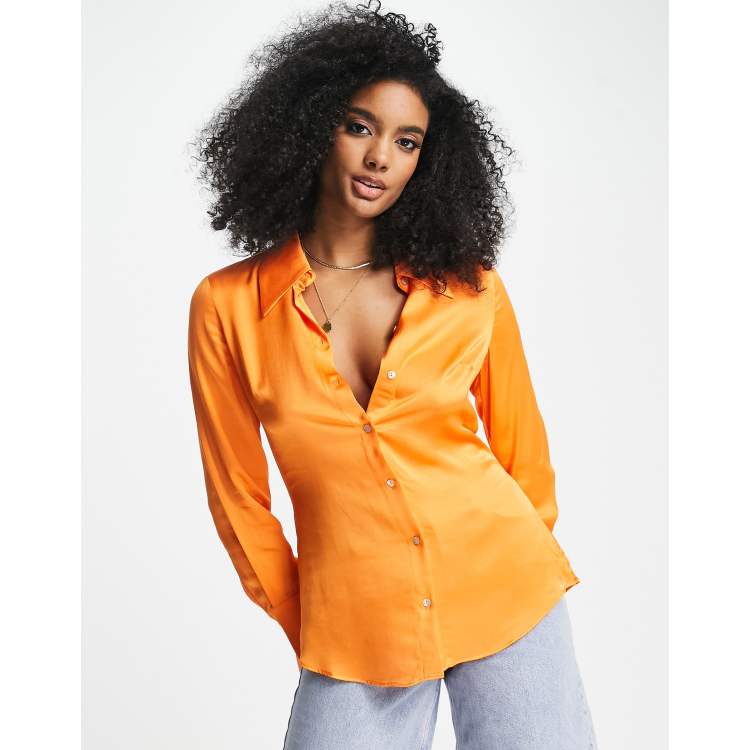 Mango oversized satin shirt in bright orange | ASOS
