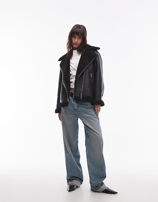 Mango oversized shearling aviator jacket in black | ASOS Mango oversized shearling aviator jacket in black | ASOS
