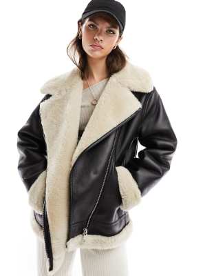 Mango oversized shearling collar aviator jacket in black