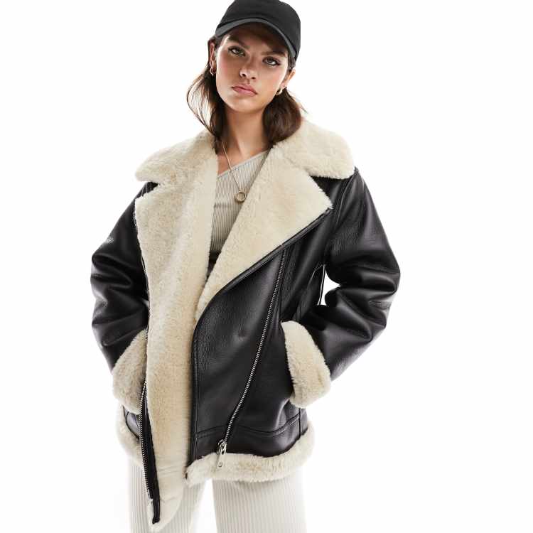 Mango oversized shearling collar aviator jacket in black ASOS