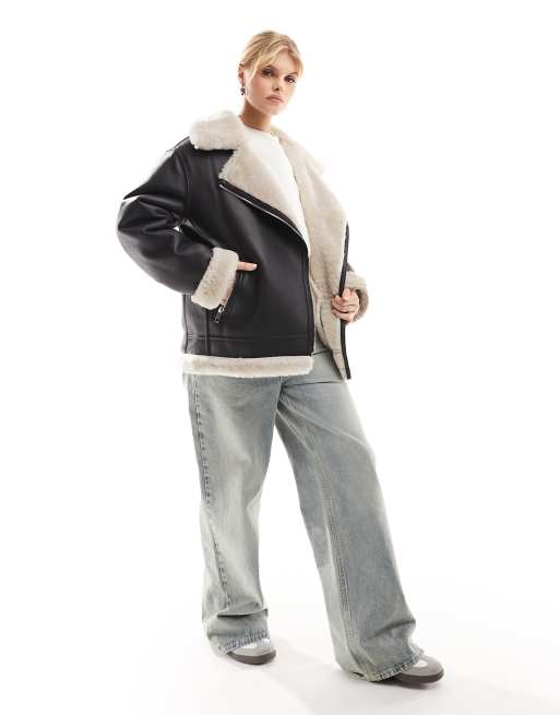 Mango oversized shearling collar aviator jacket in black, 3 of 4