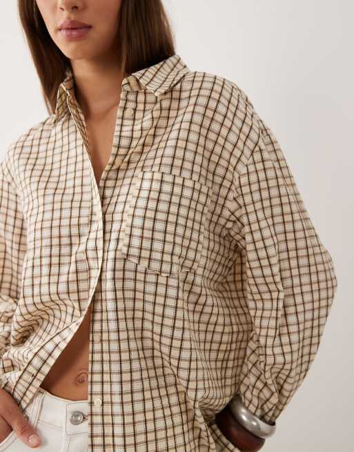 Mango oversized shirt in brown check print, 3 of 4