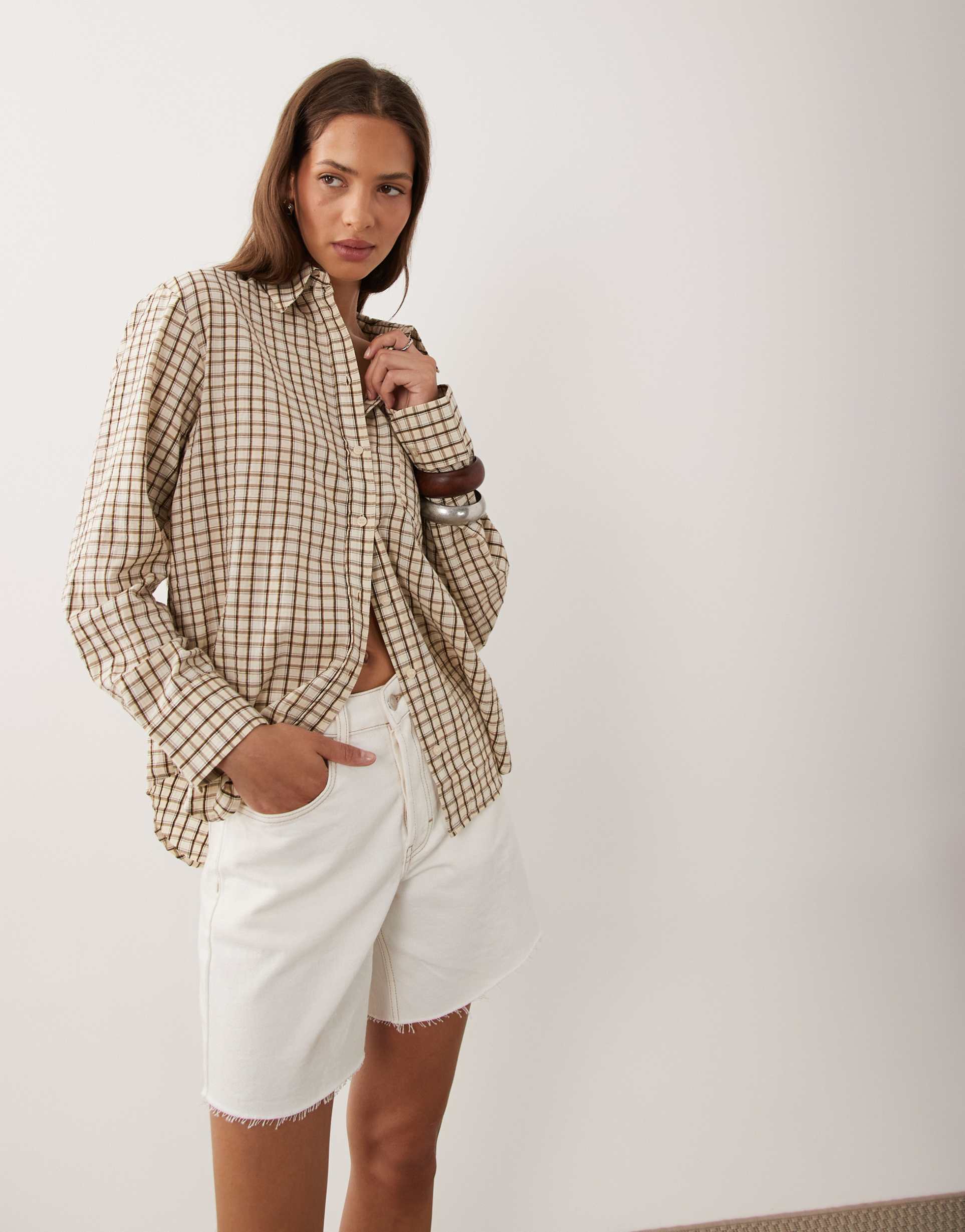 mango oversized shirt in brown plaid print