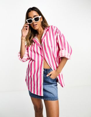 Mango oversized shirt in pink & white stripe