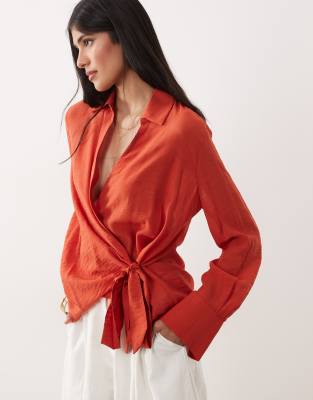 Mango oversized shirt with tie waist in red