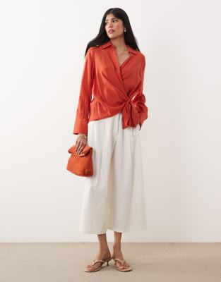 Mango Oversized Shirt With Tie Waist In Red