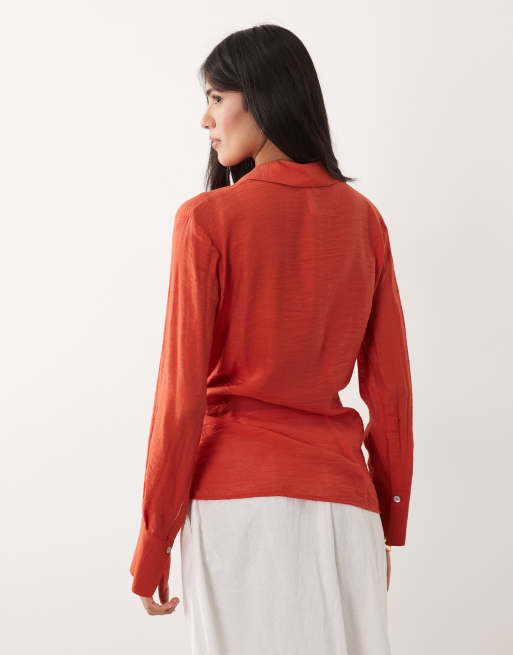 Mango oversized shirt with tie waist in red, 4 of 4