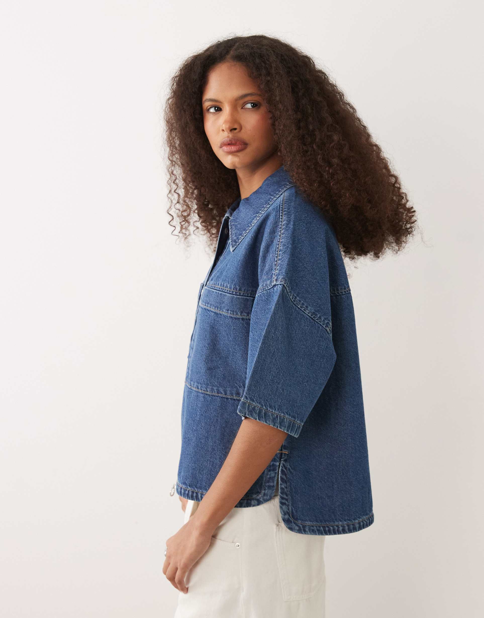 mango oversized short sleeve top in mid blue