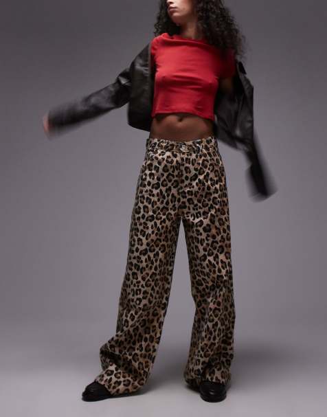 Mango oversized straight leg leopard print jeans in brown - view 1