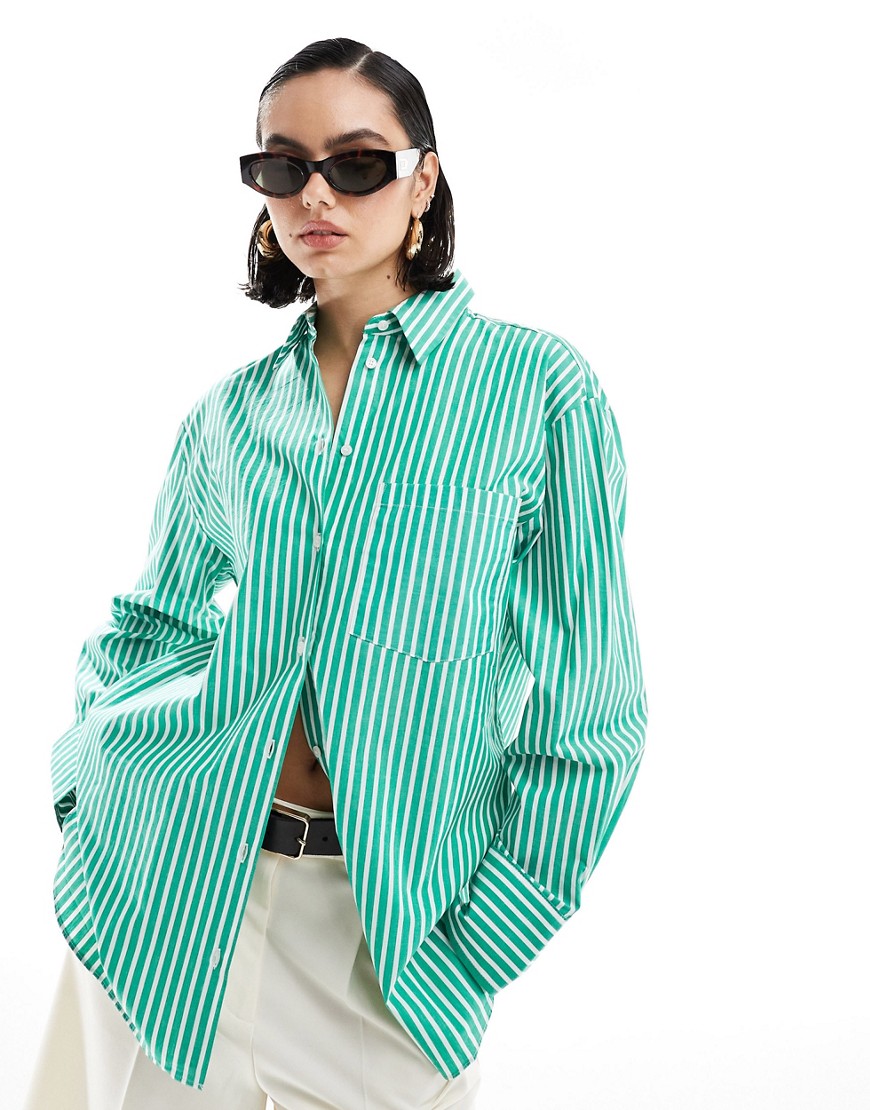 Mango oversized stripe shirt in green and white