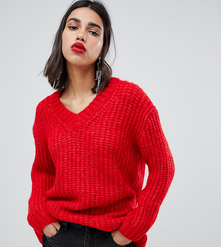 Mango oversized v neck knitted jumper in red
