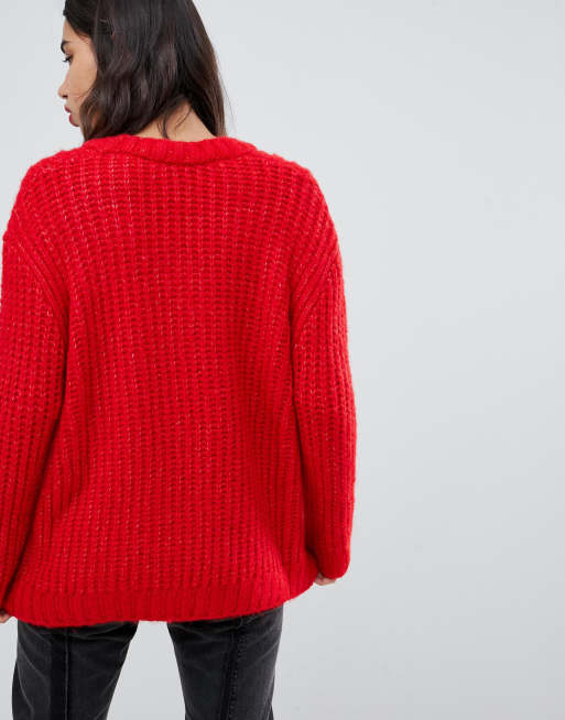 Mango oversized v neck knitted jumper in red