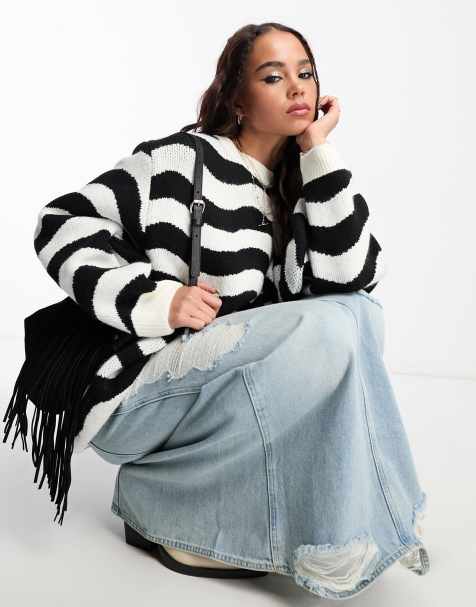 Mango oversized wavy stripe sweater in black and white - view 1