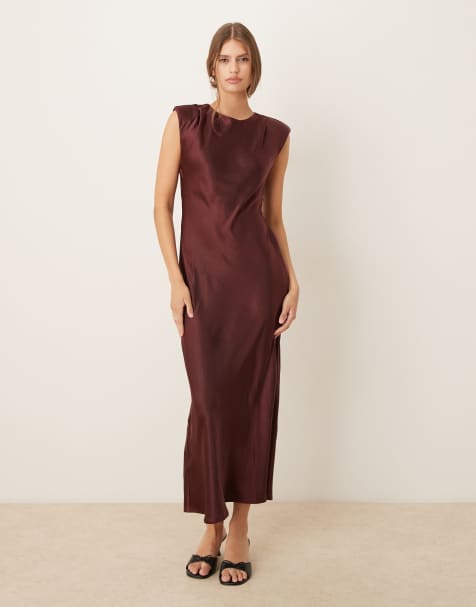 Mango padded shoulder satin midaxi dress in brown - view 1