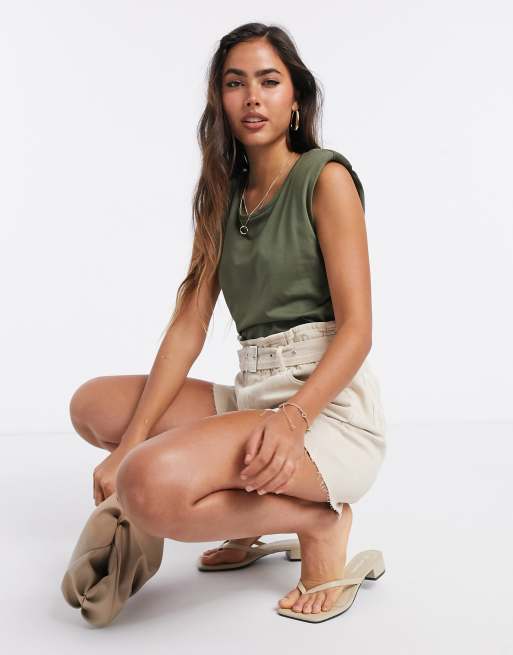 Mango padded shoulder t shirt in khaki ASOS