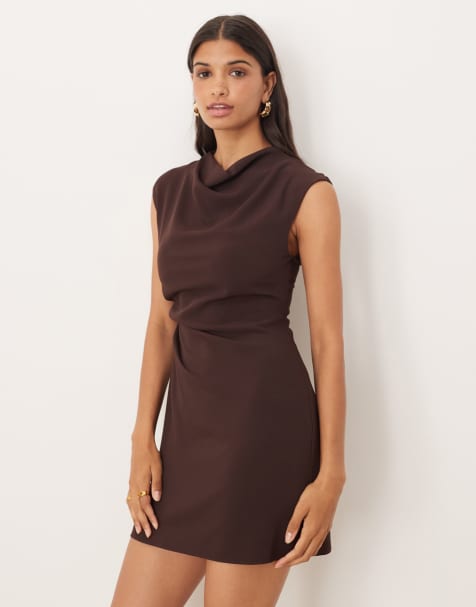 Mango padded sleeveless shoulder mini dress in dark brown - view 1