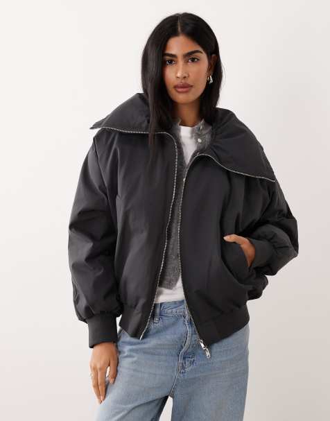 Mango padded zip through bomber jacket in grey