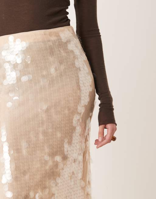 Mango – Pailletten-Midirock in Beige, 4 von 5
