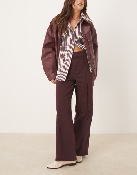 Mango Paloma 100% cotton pleat front straight jean in burgundy - view 1
