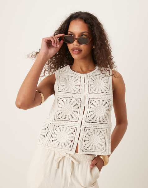 Mango paneled crochet vest in beige - view 1
