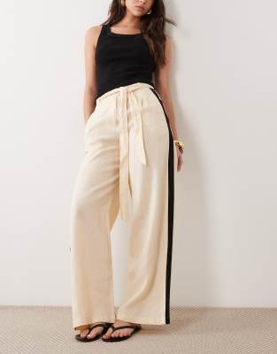 Pantalon 100 % lin noué à la taille avec bande latérale - Beige clair-Neutral 34
