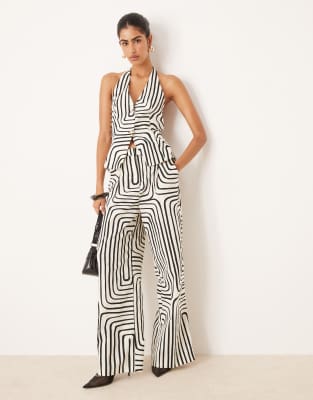 Mango - Pantalon ample d'ensemble en lin mélangé à imprimé abstrait - Blanc