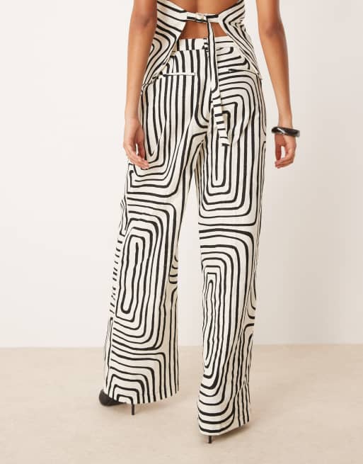Mango - Pantalon ample d'ensemble en lin mélangé à imprimé abstrait - Blanc, 2 de 5