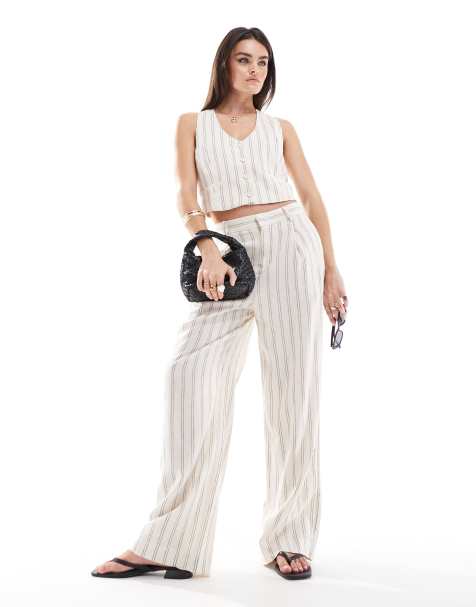 Mango - Pantalon d'ensemble à rayures en lin mélangé - Blanc - view 1