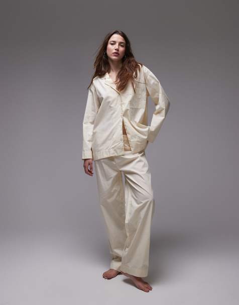 Mango - Pantalon d'ensemble de pyjama large en coton - Beurre - view 1