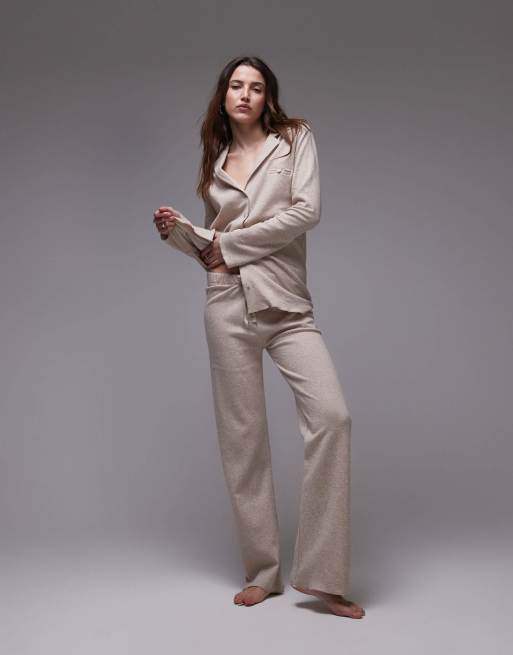 Mango - Pantalon d'ensemble de pyjama large en coton brossé doux - Sable