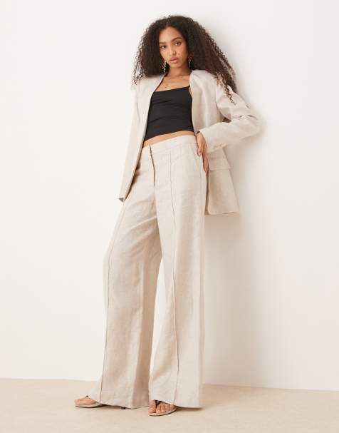 Mango - Pantalon d'ensemble droit en lin mélangé à taille mi-haute - Grège - view 1