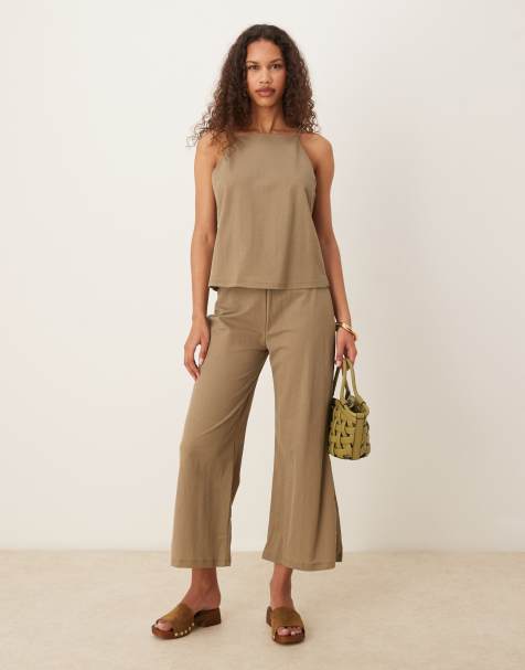 Mango - Pantalon d'ensemble large en lin mélangé avec taille élastique - Beige - view 1