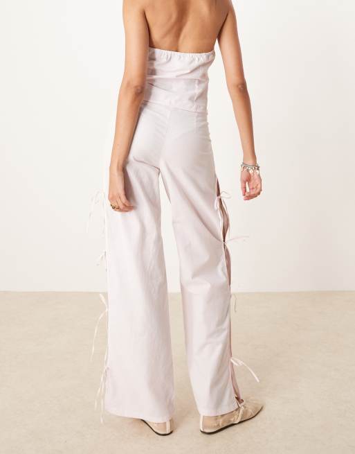 Mango - Pantalon droit d'ensemble en coton mélangé noué sur les côtés - Rose, 4 de 5