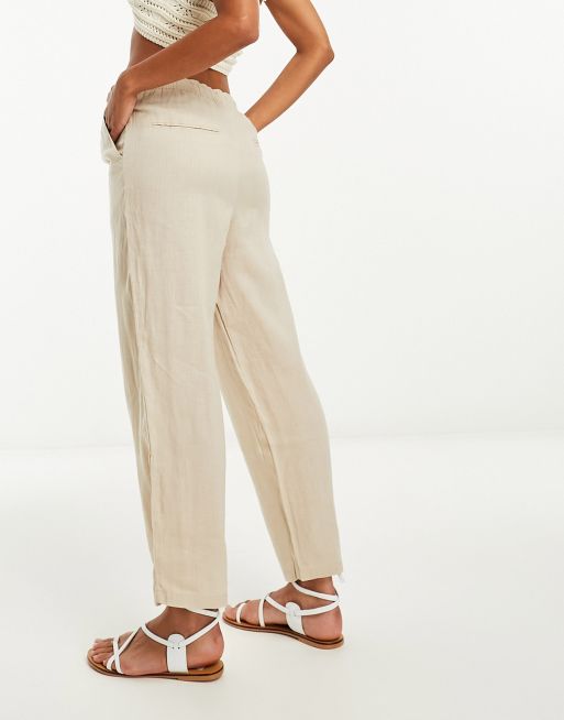 Mango Pantalon droit en lin avec liens la taille Beige clair