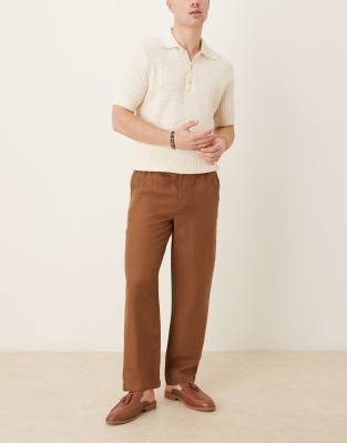 Mango - Pantalon droit en lin mélangé avec taille élastique - Marron