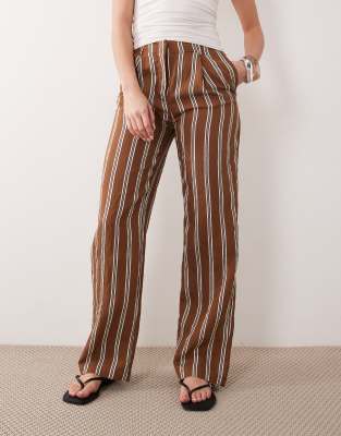 Mango - Pantalon droit fonctionnel 100 % coton à rayures avec liens à la taille - Rouille et bleu-Multicolore