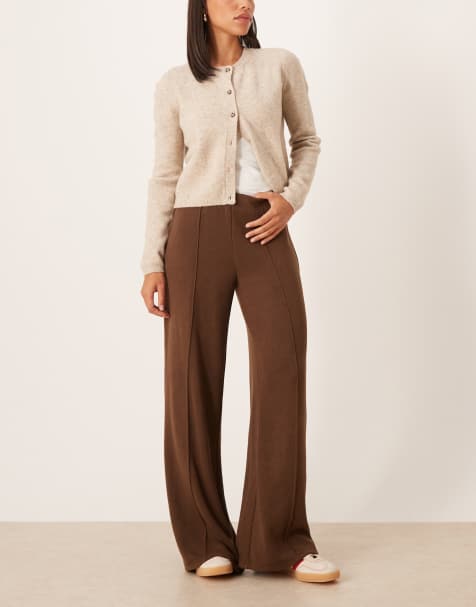 Mango - Pantalon en maille avec pinces nervurées à l'avant - Marron - view 1