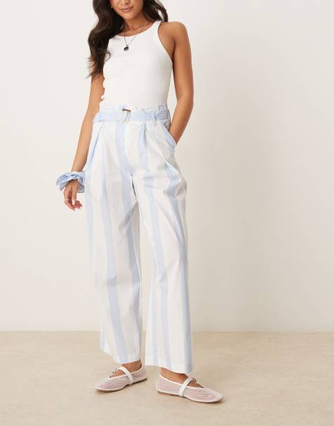 Mango - Pantalon large avec ceinture en coton - Bleu et blanc à rayures - view 1