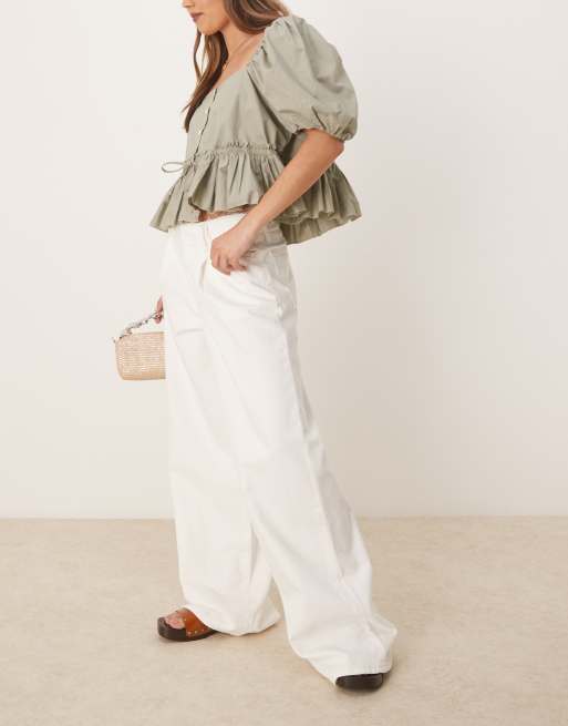 Mango - Pantalon large avec taille effilochée - Blanc, 3 de 5