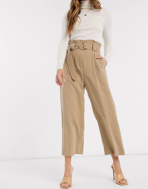 Mango Pantalon large court ceinture Fauve