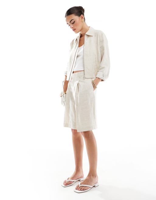 Mango - Pantaloncini beige slim in lino in coordinato