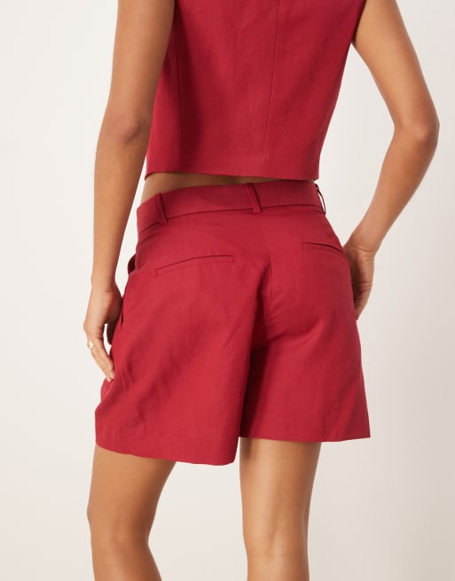 Mango - Pantaloncini sartoriali in misto lino rossi con piega sul davanti in coordinato, 4 di 4