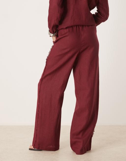 Mango - Pantaloni 100% lino rosso scuro con frange sui bordi in coordinato, 2 di 5