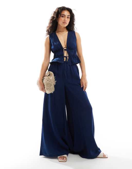 Mango - Pantaloni a fondo ampio effetto denim blu scuro in coordinato
