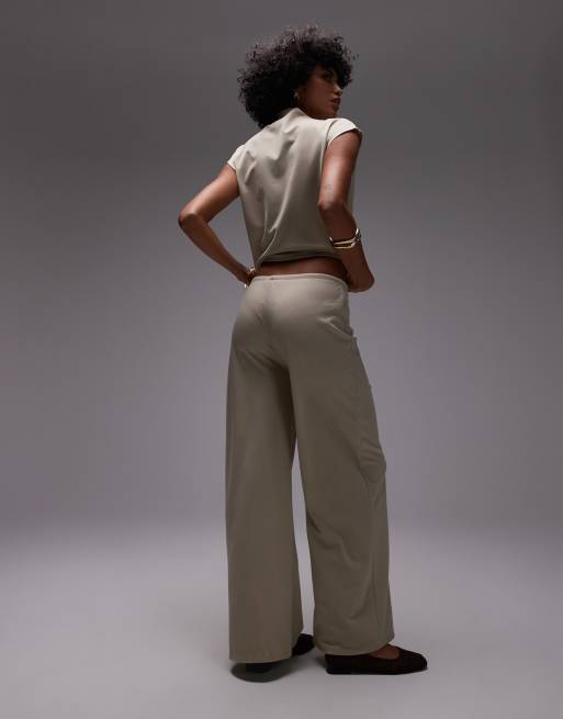 Mango - Pantaloni allacciati in vita a fondo ampio in poliammide beige in coordinato, 4 di 5