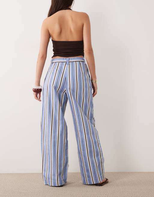 Mango - Pantaloni ampi in 100% cotone blu a righe, 4 di 5