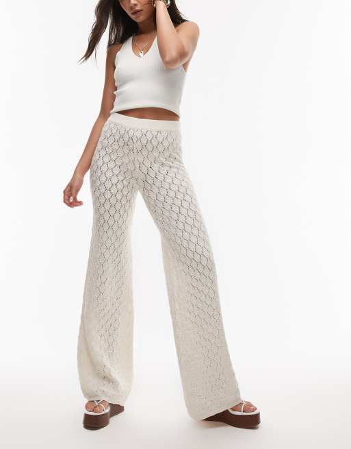 Mango - Pantaloni con fondo ampio all'uncinetto color bianco sporco