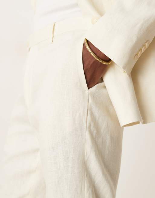 Mango - Pantaloni da abito slim in lino écru in coordinato