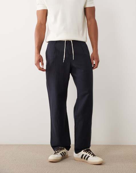 Mango - Pantaloni dritti blu navy in misto lino con coulisse - view 1