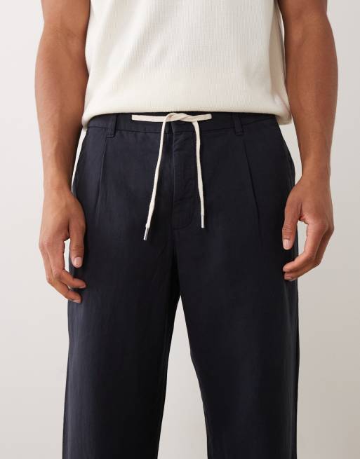 Mango - Pantaloni dritti blu navy in misto lino con coulisse, 4 di 5